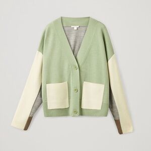COS 100% Wool Colorblock Knit Cardigan - Pastel Sage & Grey - Size M